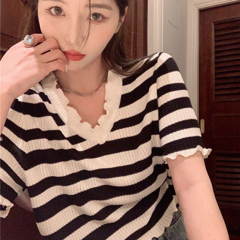 Áo Dệt Kim Ngắn Tay Cổ Chữ v Họa Tiết Kẻ Sọc Thời Trang Mùa Hè Phong Cách Hàn Quốc Cho Nữ