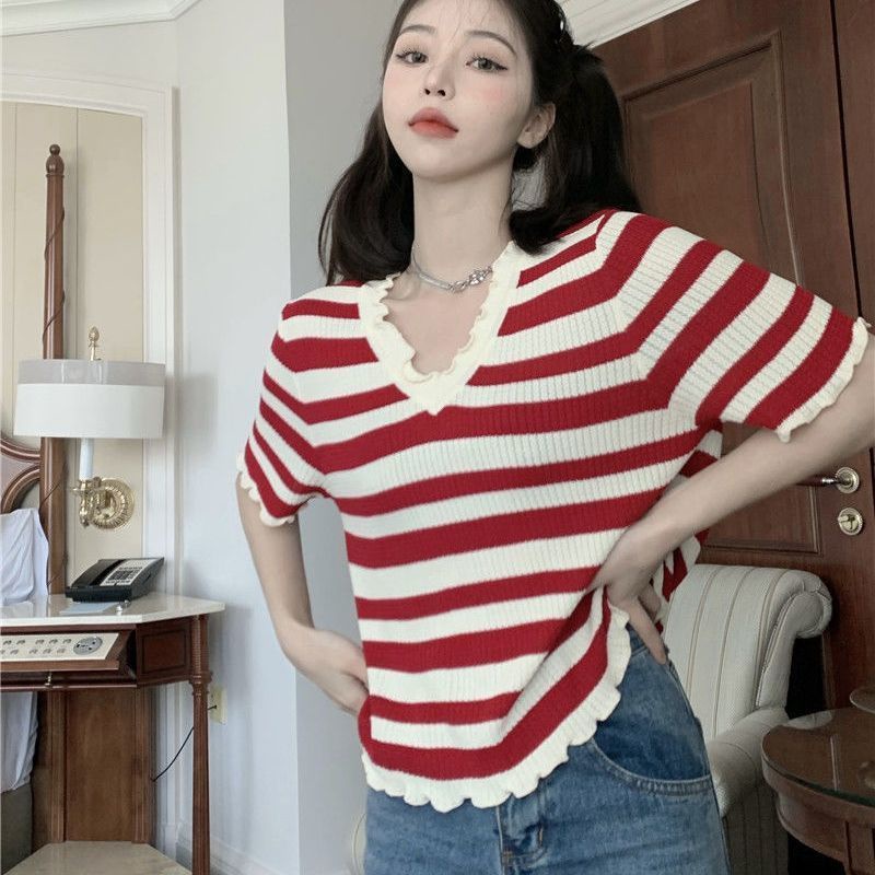 Áo Dệt Kim Ngắn Tay Cổ Chữ v Họa Tiết Kẻ Sọc Thời Trang Mùa Hè Phong Cách Hàn Quốc Cho Nữ