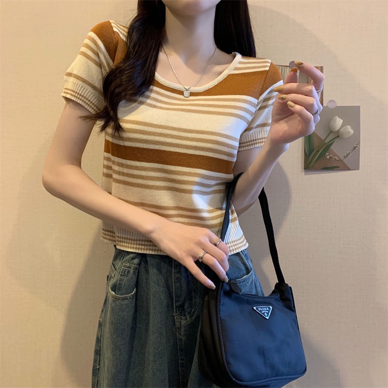 Áo Thun Tay Ngắn Cổ Chữ U Họa Tiết Kẻ Sọc Màu Sắc Thời Trang Mùa Hè Phong Cách Hàn Quốc Cho Nữ