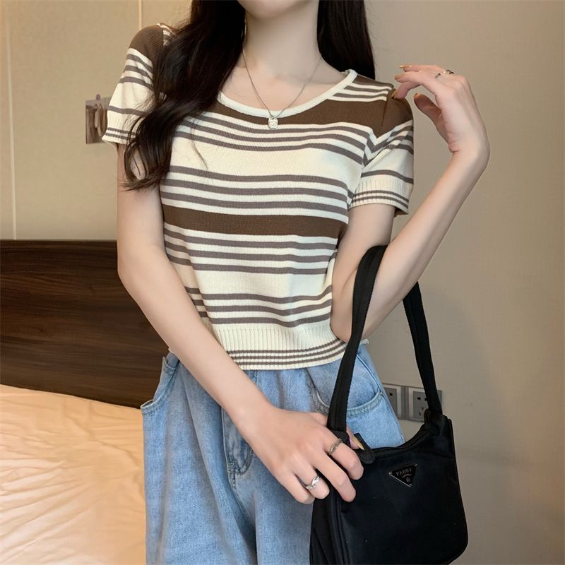 Áo Thun Tay Ngắn Cổ Chữ U Họa Tiết Kẻ Sọc Màu Sắc Thời Trang Mùa Hè Phong Cách Hàn Quốc Cho Nữ