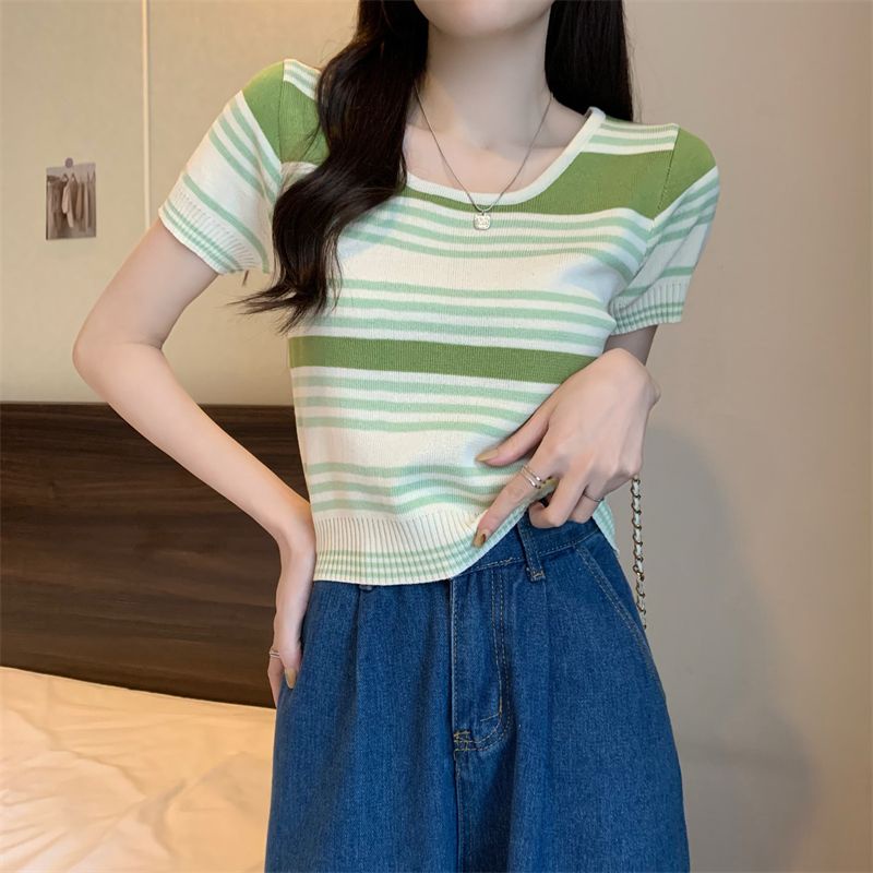 Áo Thun Tay Ngắn Cổ Chữ U Họa Tiết Kẻ Sọc Màu Sắc Thời Trang Mùa Hè Phong Cách Hàn Quốc Cho Nữ