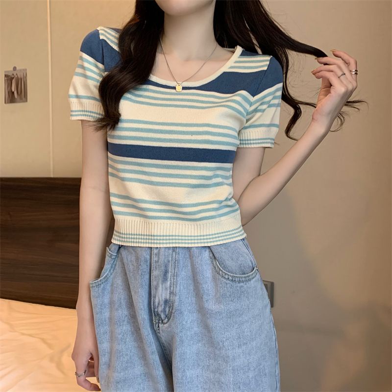 Áo Thun Tay Ngắn Cổ Chữ U Họa Tiết Kẻ Sọc Màu Sắc Thời Trang Mùa Hè Phong Cách Hàn Quốc Cho Nữ