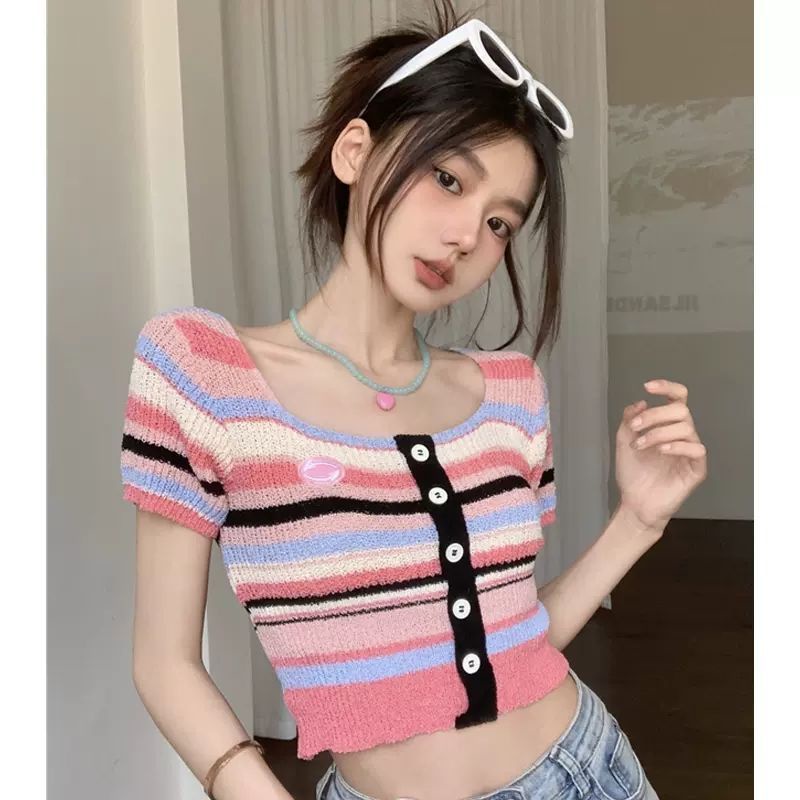 Áo Thun Dệt Kim Ngắn Tay Cổ Vuông Họa Tiết Kẻ Sọc Nhiều Màu Thời Trang Mùa Hè Cho Nữ