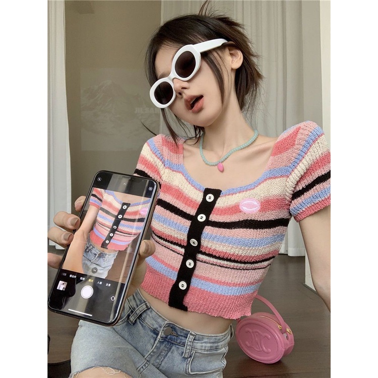 Áo Thun Dệt Kim Ngắn Tay Cổ Vuông Họa Tiết Kẻ Sọc Nhiều Màu Thời Trang Mùa Hè Cho Nữ