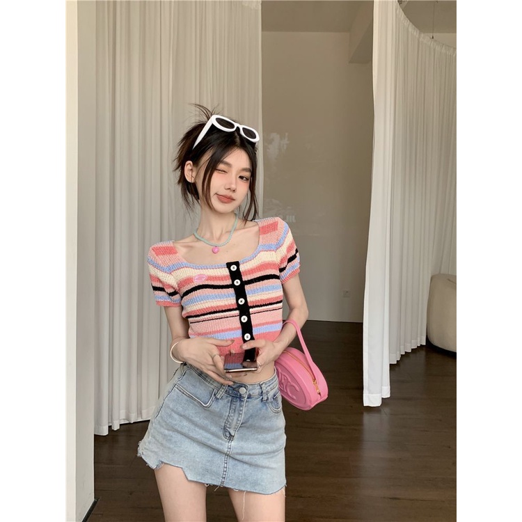 Áo Thun Dệt Kim Ngắn Tay Cổ Vuông Họa Tiết Kẻ Sọc Nhiều Màu Thời Trang Mùa Hè Cho Nữ
