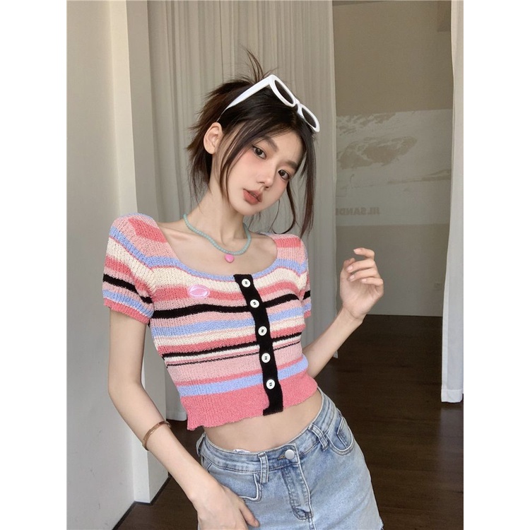Áo Thun Dệt Kim Ngắn Tay Cổ Vuông Họa Tiết Kẻ Sọc Nhiều Màu Thời Trang Mùa Hè Cho Nữ