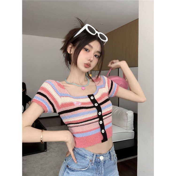 Áo Thun Dệt Kim Ngắn Tay Cổ Vuông Họa Tiết Kẻ Sọc Nhiều Màu Thời Trang Mùa Hè Cho Nữ