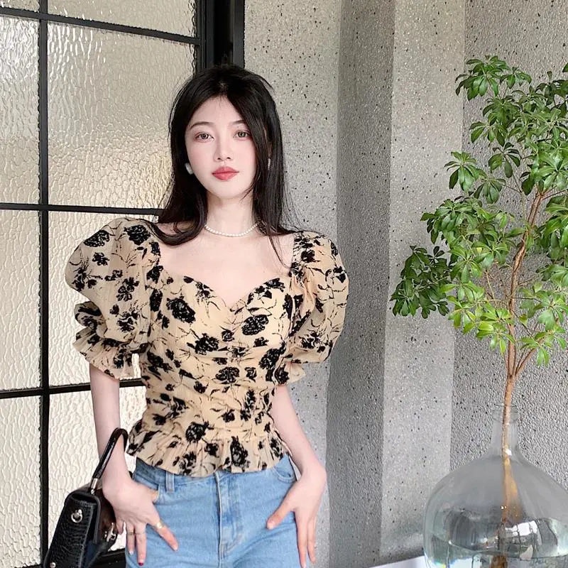 Jiashucheng Áo Ngắn Tay Cổ Vuông Hở Xương Quai Xanh Phong Cách Phương Tây Ngọt Ngào Thời Trang Mùa Hè Hàn Quốc Cho Nữ