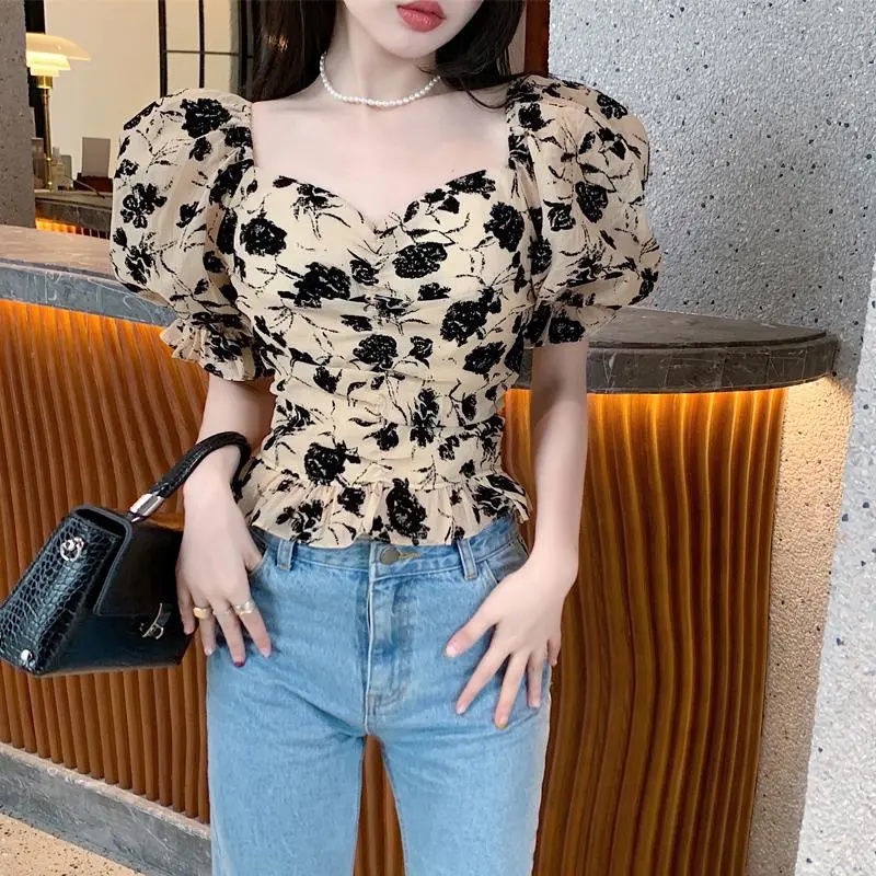 Jiashucheng Áo Ngắn Tay Cổ Vuông Hở Xương Quai Xanh Phong Cách Phương Tây Ngọt Ngào Thời Trang Mùa Hè Hàn Quốc Cho Nữ