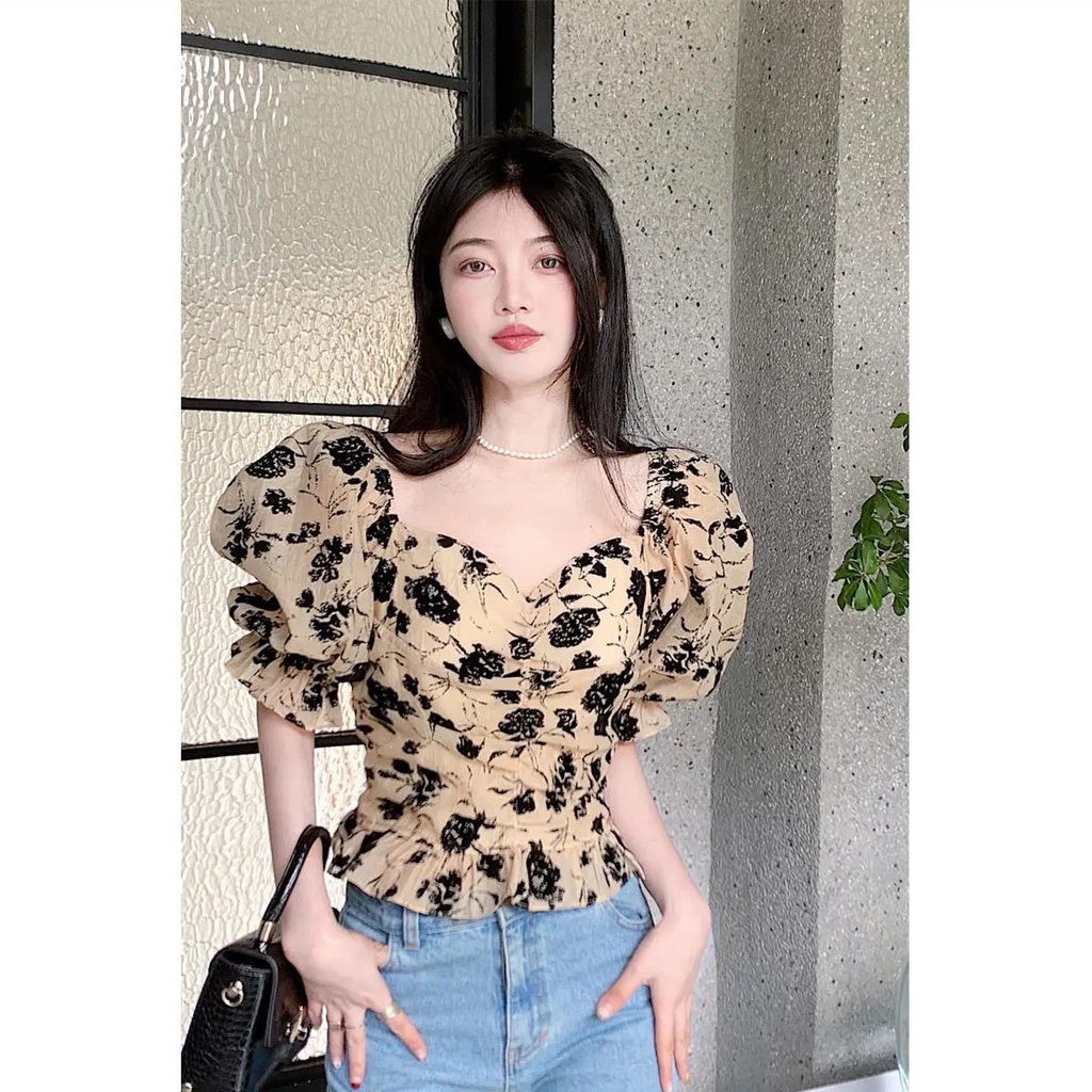 Jiashucheng Áo Ngắn Tay Cổ Vuông Hở Xương Quai Xanh Phong Cách Phương Tây Ngọt Ngào Thời Trang Mùa Hè Hàn Quốc Cho Nữ