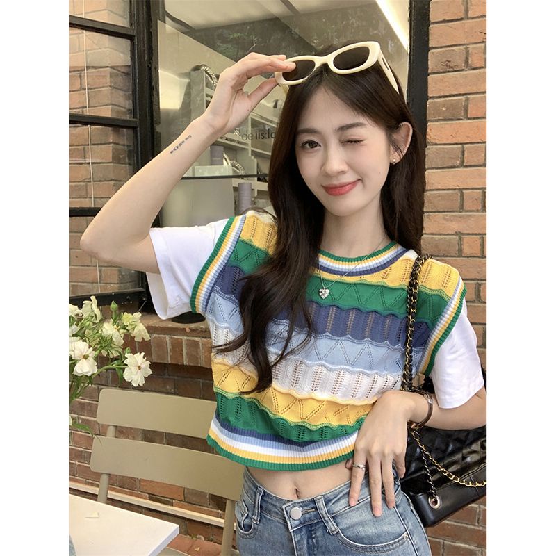 Áo Thun Ngắn Tay Giả Hai Lớp Họa Tiết Kẻ Sọc Thời Trang Mùa Hè Phong Cách Mới Cho Nữ