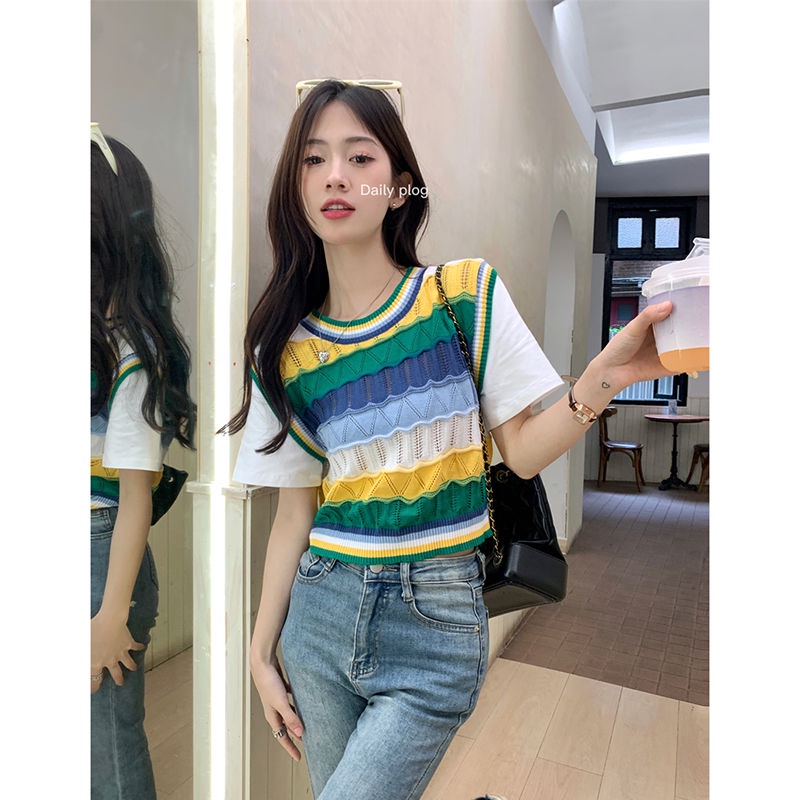 Áo Thun Ngắn Tay Giả Hai Lớp Họa Tiết Kẻ Sọc Thời Trang Mùa Hè Phong Cách Mới Cho Nữ