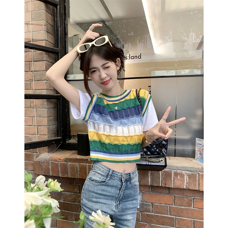 Áo Thun Ngắn Tay Giả Hai Lớp Họa Tiết Kẻ Sọc Thời Trang Mùa Hè Phong Cách Mới Cho Nữ