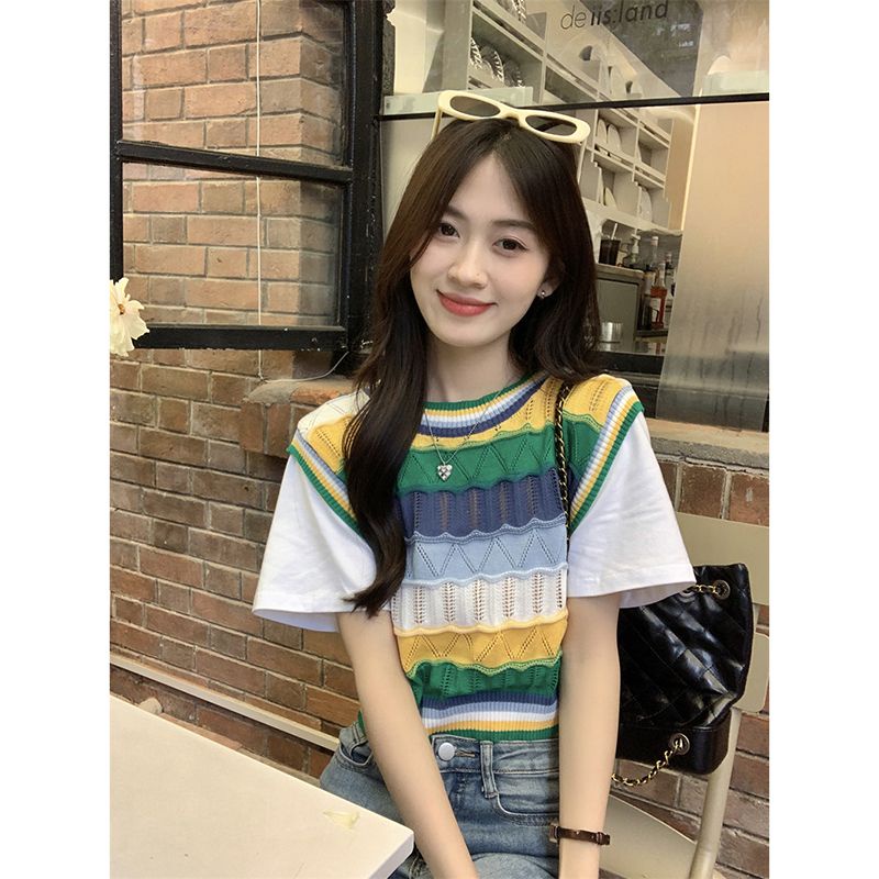 Áo Thun Ngắn Tay Giả Hai Lớp Họa Tiết Kẻ Sọc Thời Trang Mùa Hè Phong Cách Mới Cho Nữ