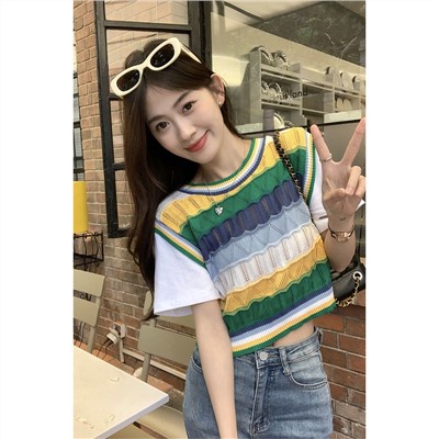 Áo Thun Ngắn Tay Giả Hai Lớp Họa Tiết Kẻ Sọc Thời Trang Mùa Hè Phong Cách Mới Cho Nữ