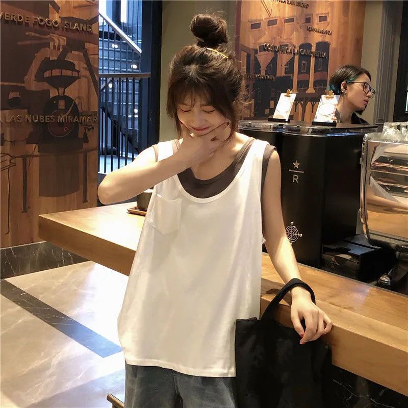 Áo Thun Không Tay Cổ Tròn Giả Hai Lớp Dáng Rộng Phong Cách Hàn Quốc Thời Trang Mùa Hè Hàng Mới Dành Cho Bạn Nữ Sinh