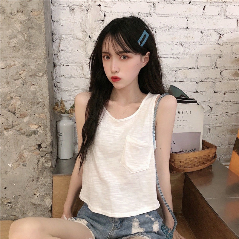 Jiashucheng Áo Thun Không Tay Dáng Ôm Ngắn Phong Cách Hàn Quốc Thời Trang Mùa Hè Dành Cho Bạn Nữ