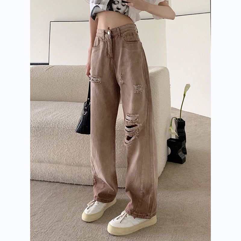 Jiashucheng Quần Jean Rách Lưng Cao Ống Rộng Phong Cách Retro Mỹ Mùa Hè Mới Cho Nữ