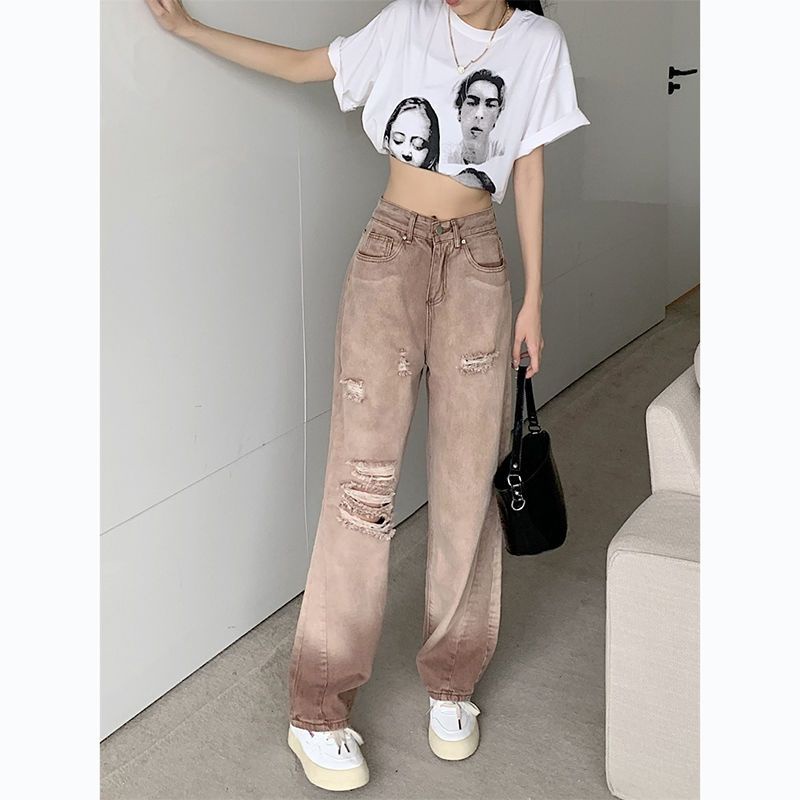 Jiashucheng Quần Jean Rách Lưng Cao Ống Rộng Phong Cách Retro Mỹ Mùa Hè Mới Cho Nữ