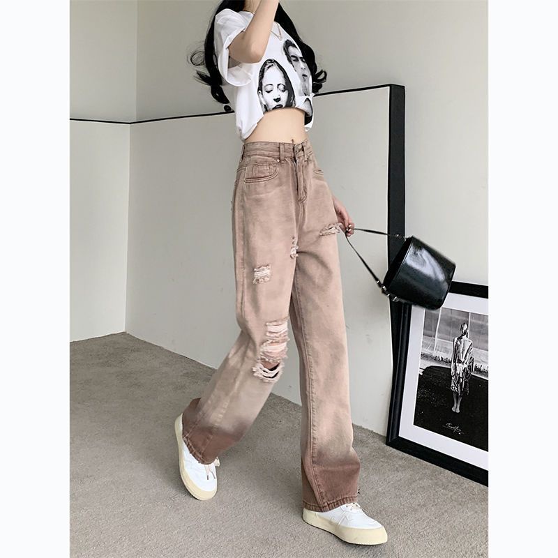 Jiashucheng Quần Jean Rách Lưng Cao Ống Rộng Phong Cách Retro Mỹ Mùa Hè Mới Cho Nữ