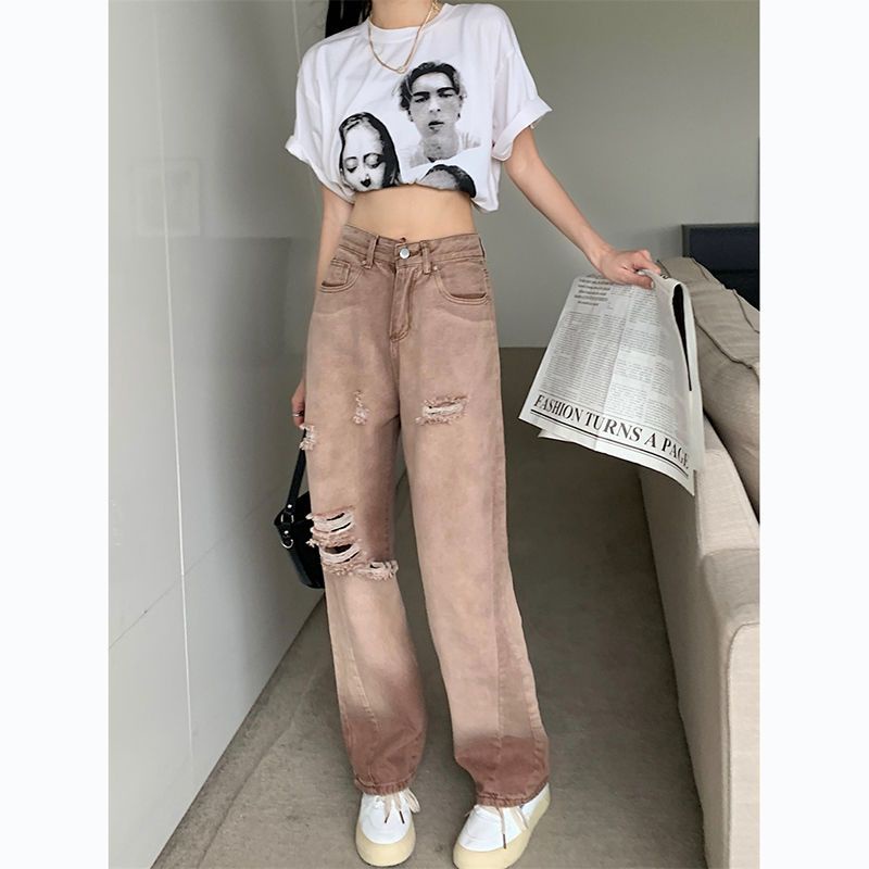 Jiashucheng Quần Jean Rách Lưng Cao Ống Rộng Phong Cách Retro Mỹ Mùa Hè Mới Cho Nữ