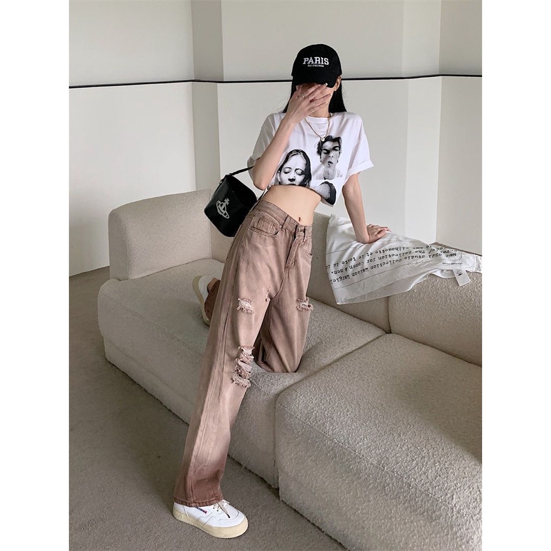 Jiashucheng Quần Jean Rách Lưng Cao Ống Rộng Phong Cách Retro Mỹ Mùa Hè Mới Cho Nữ