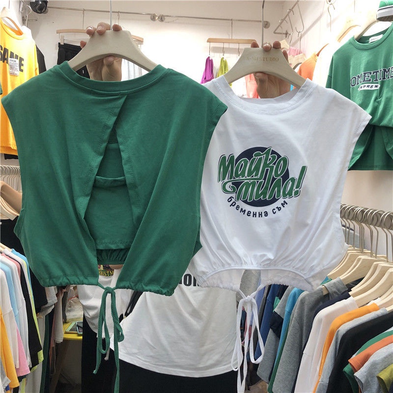 Áo Thun Sát Nách Cổ Tròn Dáng Rộng Giả Hai Lớp In Họa Tiết Phong Cách Châu Âu Thời Trang Cho Nữ