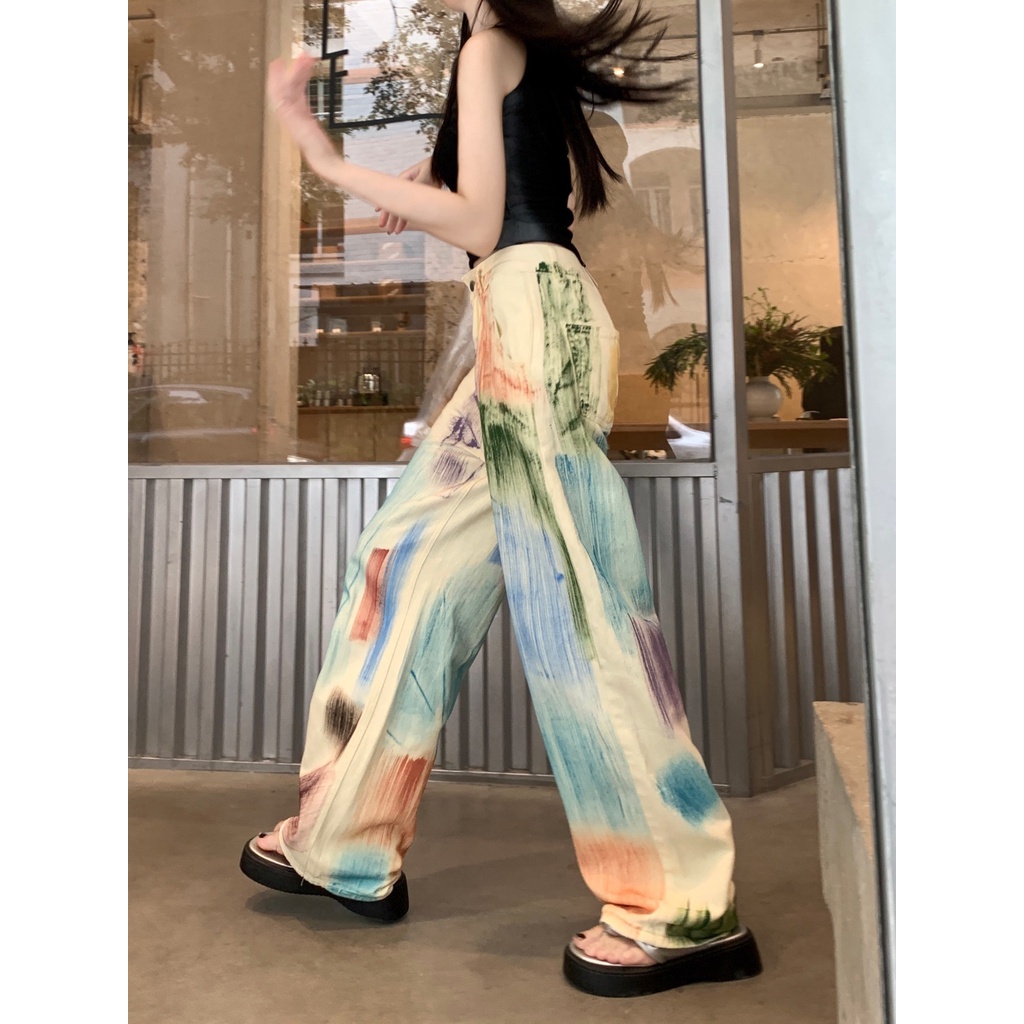 Jiashucheng Quần Jean Nữ Lưng Cao Ống Rộng Phong Cách Mỹ Thời Trang Mùa Hè Mới