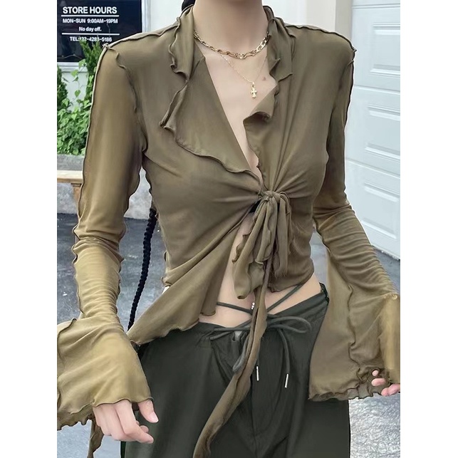 Jiashucheng Áo Khoác Cardigan Mỏng Mùa Hè Tay Loe Buộc Dây Kiểu Pháp Cho Nữ