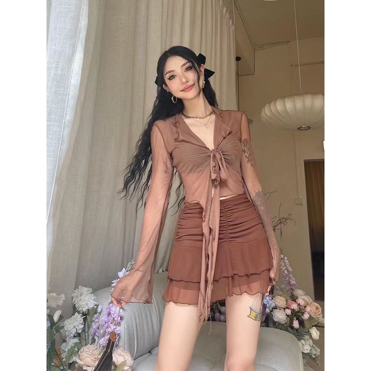 Jiashucheng Áo Khoác Cardigan Mỏng Mùa Hè Tay Loe Buộc Dây Kiểu Pháp Cho Nữ