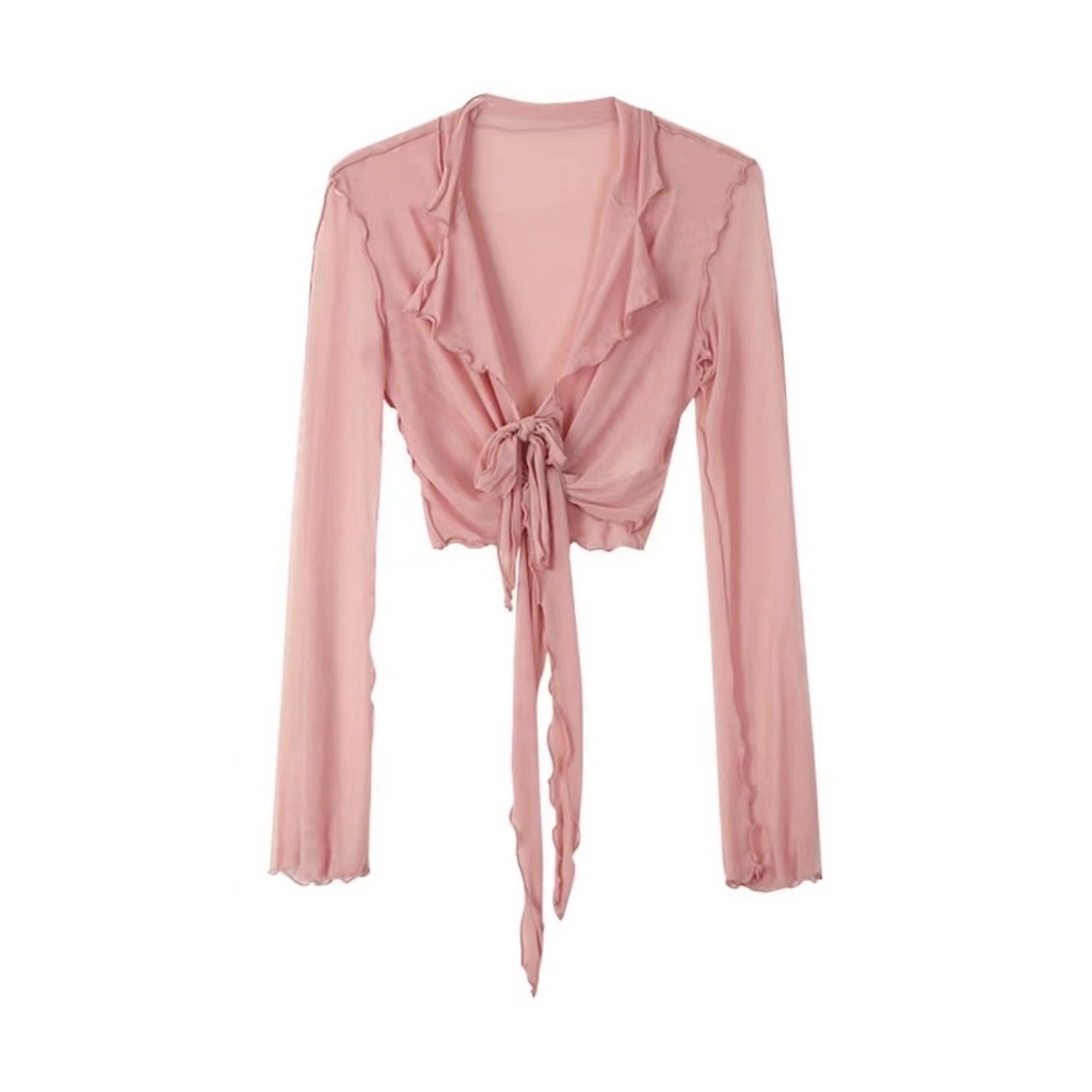 Jiashucheng Áo Khoác Cardigan Mỏng Mùa Hè Tay Loe Buộc Dây Kiểu Pháp Cho Nữ