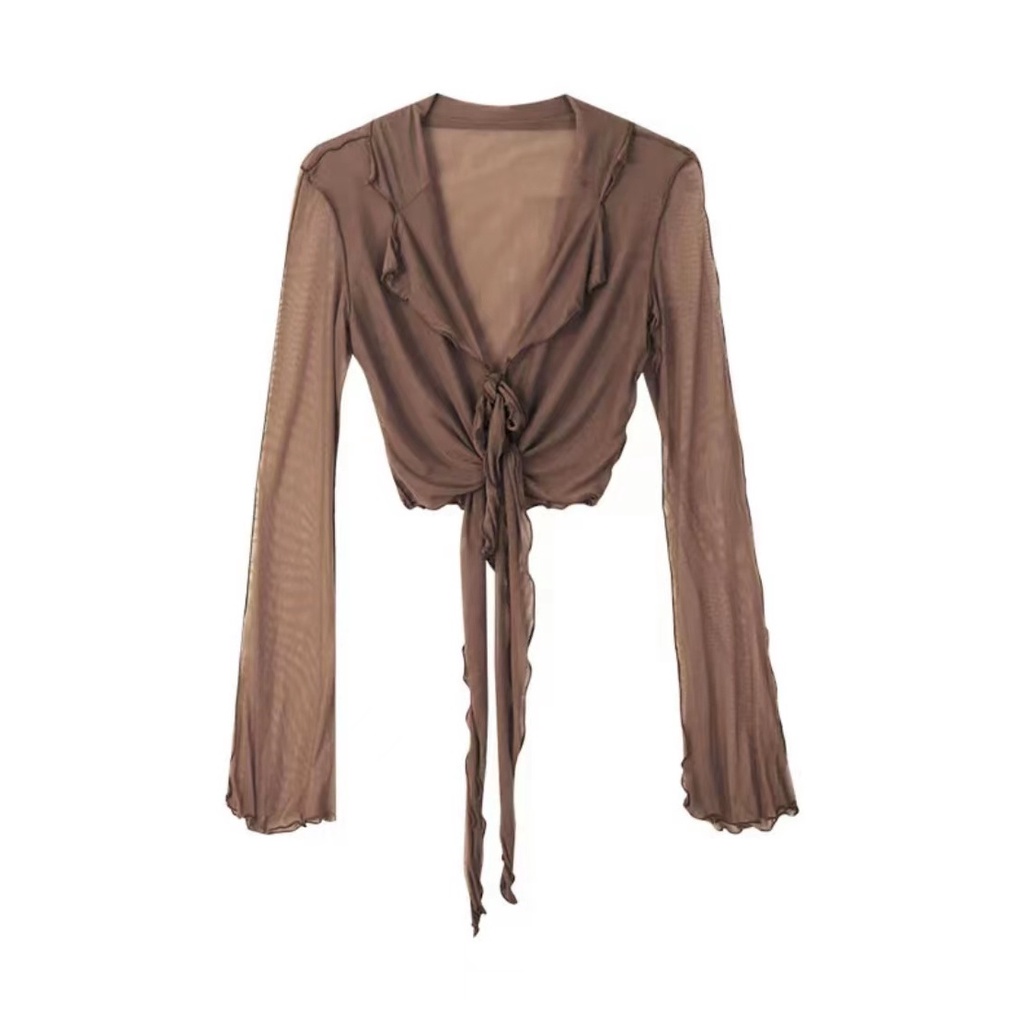 Jiashucheng Áo Khoác Cardigan Mỏng Mùa Hè Tay Loe Buộc Dây Kiểu Pháp Cho Nữ