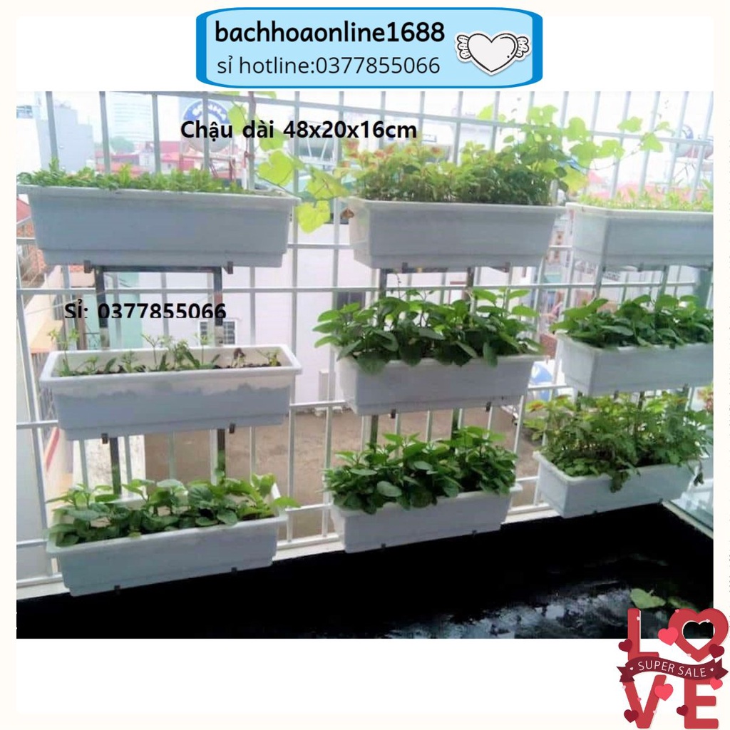 COMBO chậu và móc treo ban công 2-3 tầng trồng hoa trồng rau gọn gàng, móc sắt dày dặn chắc chắn, chậu dài 48~60cm