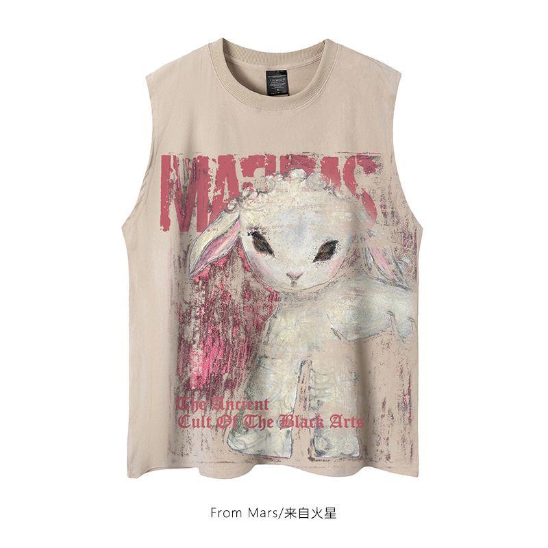 Áo Thun Sát Nách Da Lộn Dáng Rộng In Hình Cừu Kiểu Mỹ Cá Tính