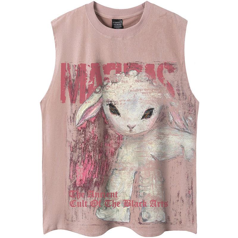 Áo Thun Sát Nách Da Lộn Dáng Rộng In Hình Cừu Kiểu Mỹ Cá Tính