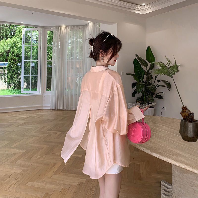 Jiashucheng Áo Khoác Cardigan Chống Nắng Bằng Lụa Băng Nhẹ Xẻ Lưng Phong Cách Đường Phố Màu Hồng Dễ Phối Đồ Cho Nữ
