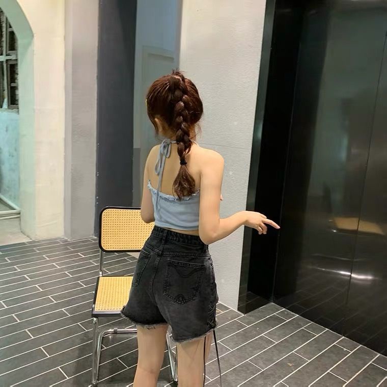 Jiashucheng Quần Short Denim Lưng Cao Ống Rộng Rách Lỗ Phong Cách Mới Nhất Dành Cho Nữ Sinh Siêu Hot