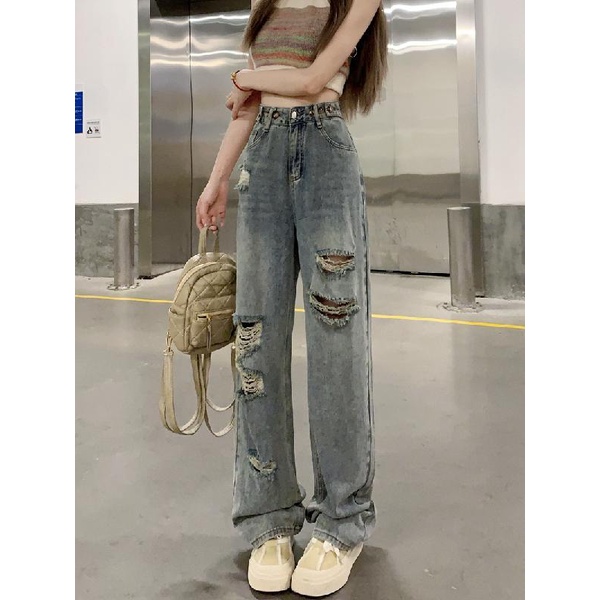 Jiashucheng Quần Jeans Nữ Lưng Cao Dáng Rộng Phong Cách Retro Cá Tính