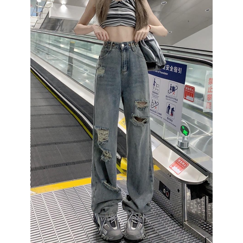 Jiashucheng Quần Jeans Nữ Lưng Cao Dáng Rộng Phong Cách Retro Cá Tính