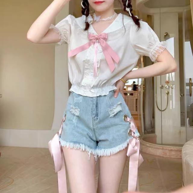 Jiashucheng Quần Short Denim Lưng Cao Dáng Ôm Cột Dây Gợi Cảm Phong Cách Mới Mùa Hè Cho Nữ