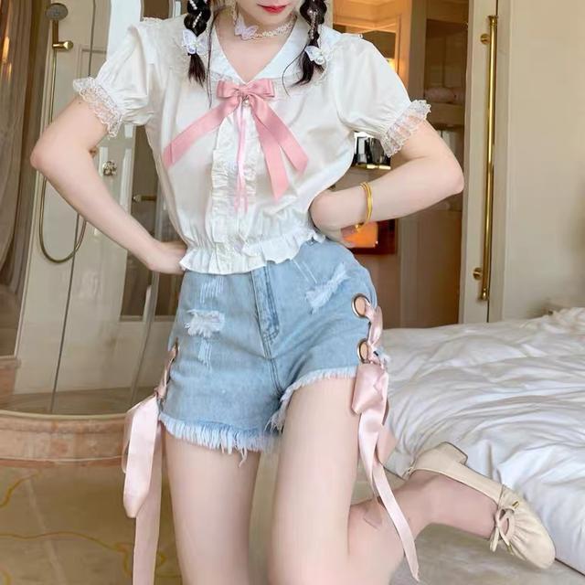 Jiashucheng Quần Short Denim Lưng Cao Dáng Ôm Cột Dây Gợi Cảm Phong Cách Mới Mùa Hè Cho Nữ