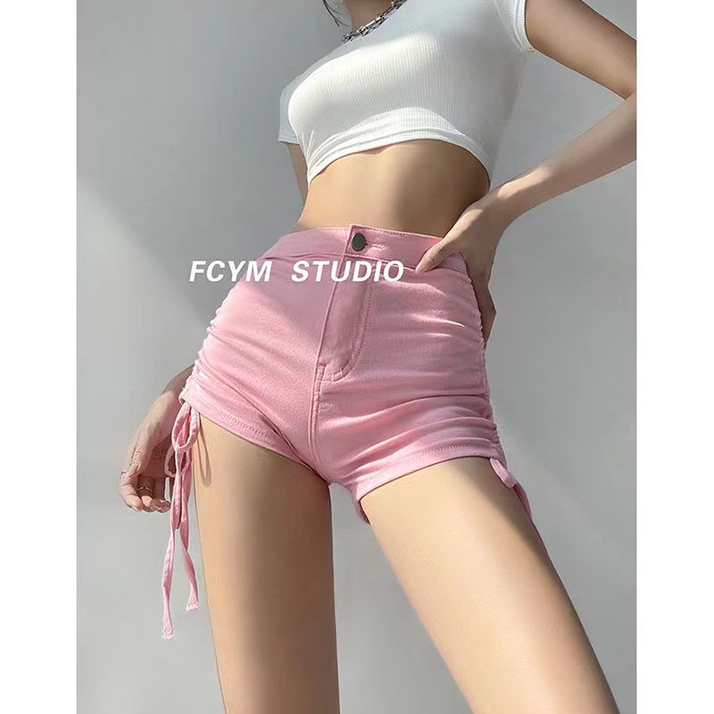 Quần Short Denim Lưng Cao Dáng Ôm Phối Dây Rút Thời Trang Mùa Hè Cá Tính Cho Nữ