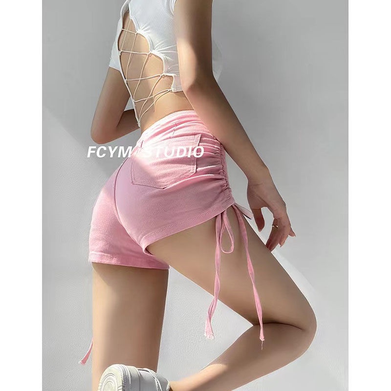 Quần Short Denim Lưng Cao Dáng Ôm Phối Dây Rút Thời Trang Mùa Hè Cá Tính Cho Nữ