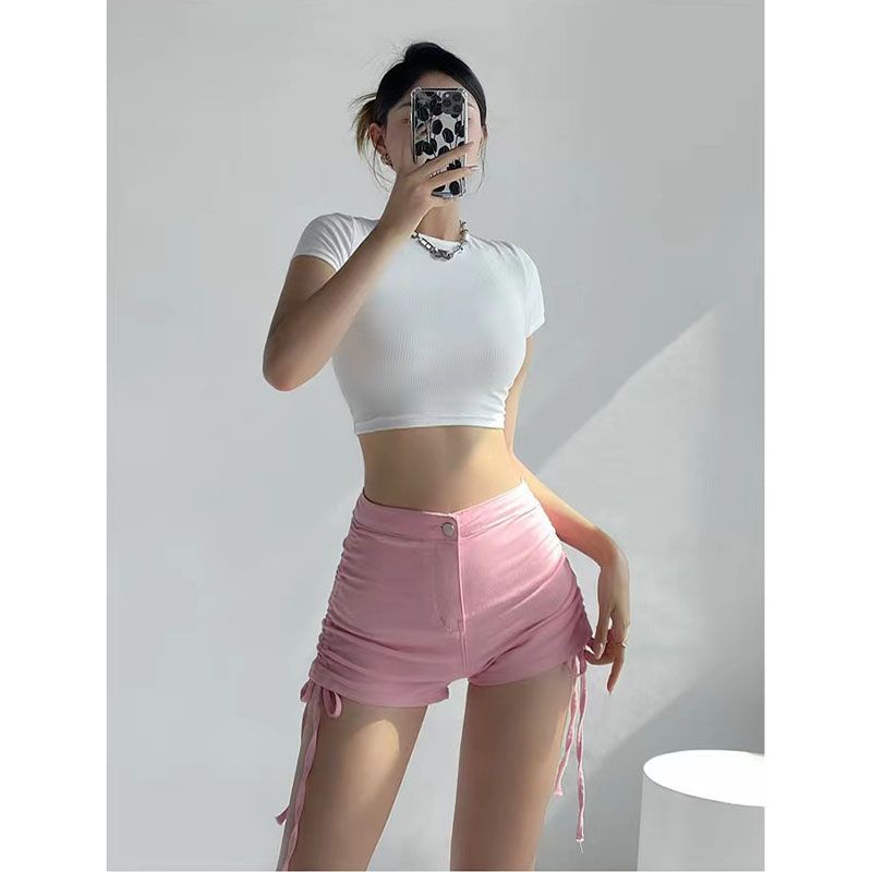 Quần Short Denim Lưng Cao Dáng Ôm Phối Dây Rút Thời Trang Mùa Hè Cá Tính Cho Nữ