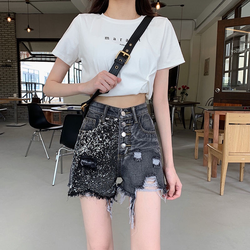 Quần Short Denim Chữ a Lưng Cao Ống Rộng Phối Rách Đính Kim Sa Lấp Lánh Thời Trang Mùa Hè Cho Nữ