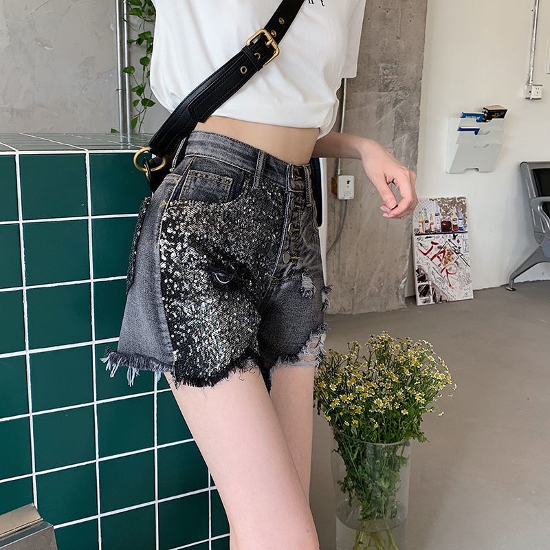 Quần Short Denim Chữ a Lưng Cao Ống Rộng Phối Rách Đính Kim Sa Lấp Lánh Thời Trang Mùa Hè Cho Nữ