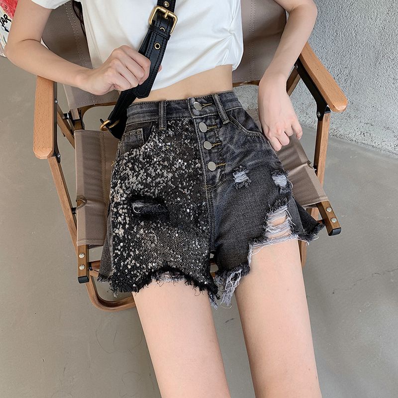 Quần Short Denim Chữ a Lưng Cao Ống Rộng Phối Rách Đính Kim Sa Lấp Lánh Thời Trang Mùa Hè Cho Nữ