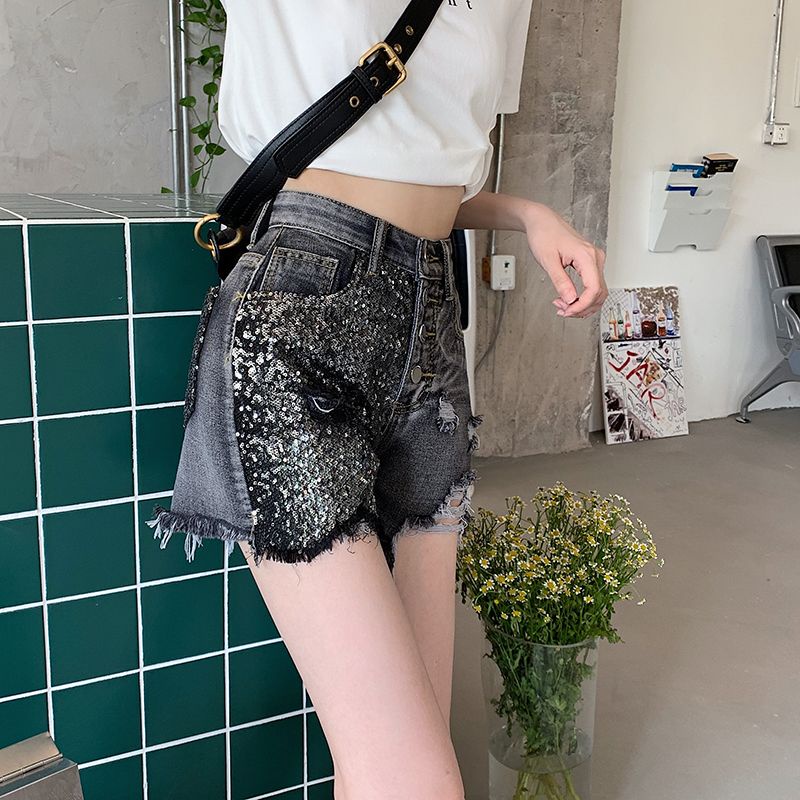 Quần Short Denim Chữ a Lưng Cao Ống Rộng Phối Rách Đính Kim Sa Lấp Lánh Thời Trang Mùa Hè Cho Nữ