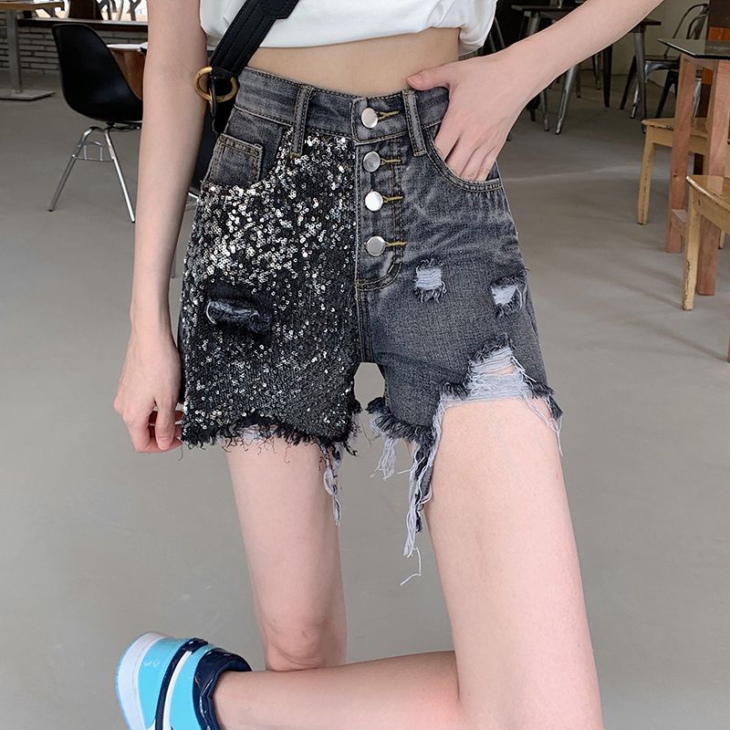 Quần Short Denim Chữ a Lưng Cao Ống Rộng Phối Rách Đính Kim Sa Lấp Lánh Thời Trang Mùa Hè Cho Nữ