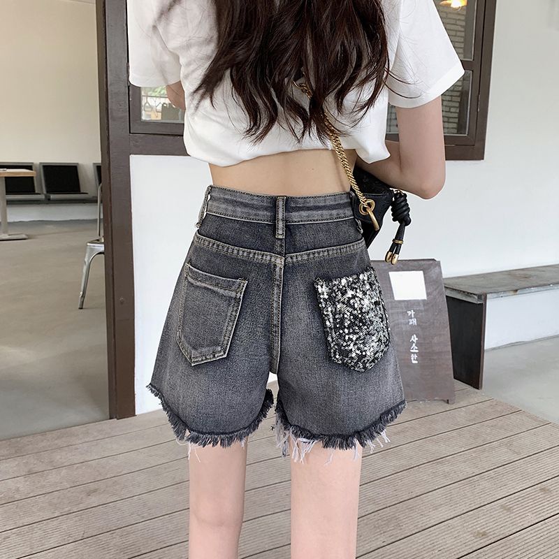 Quần Short Denim Chữ a Lưng Cao Ống Rộng Phối Rách Đính Kim Sa Lấp Lánh Thời Trang Mùa Hè Cho Nữ